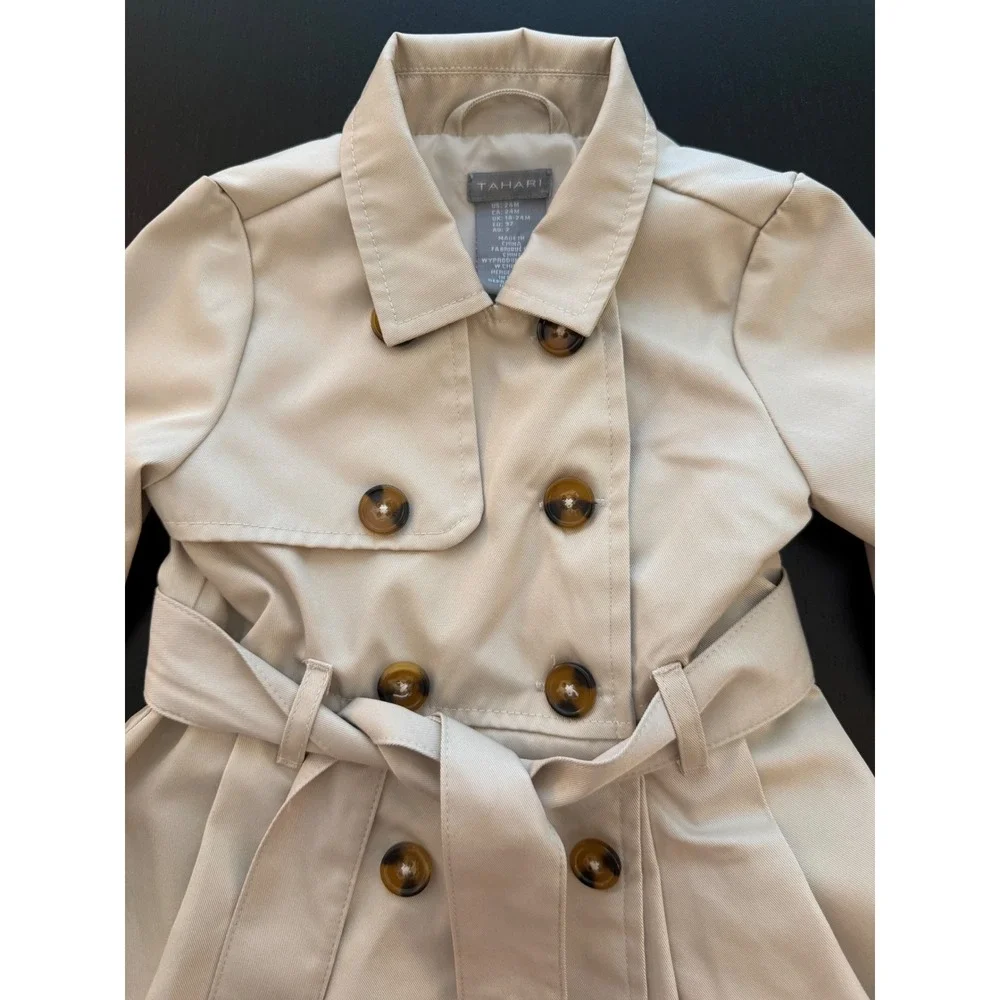 Tahari Toddler Trench Coat Baby Girls Size 24 Months Tan Belted Double-Breasted